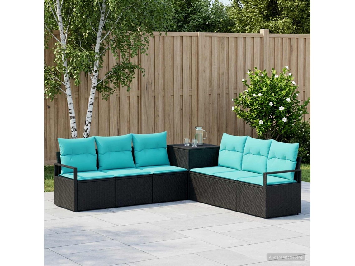 Vidaxl Conjunto De Sofás 7 Unid. Preto E Azul Rattan Poliéster E Aço