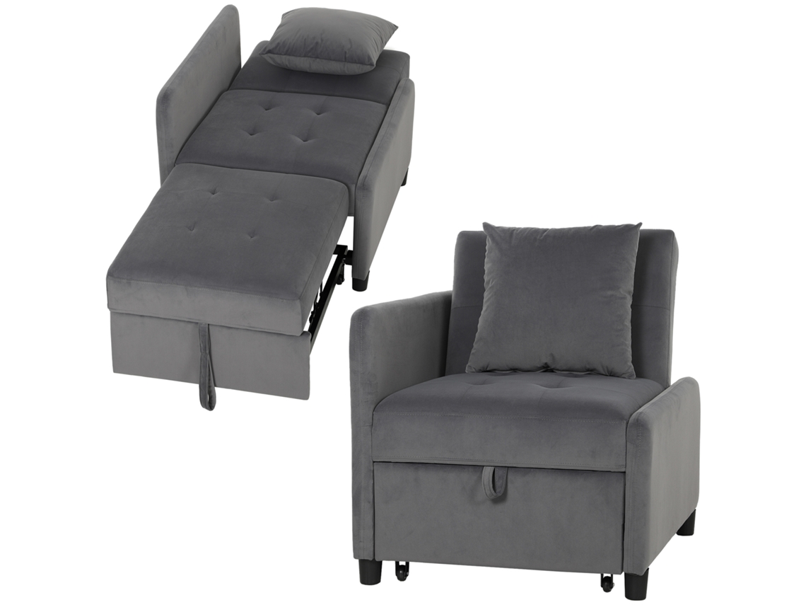 4-in-1 Quilted And Reclining Velvet Pull-out Single Sofa Bed. Dark Grey.