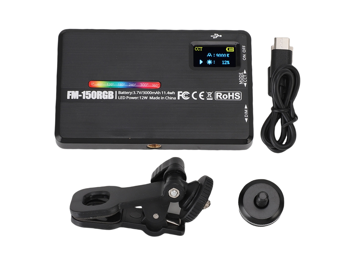 Luz de preenchimento LED RGB recarregável, portátil e com intensidade ajustável para fotografia em ambientes internos e externos.