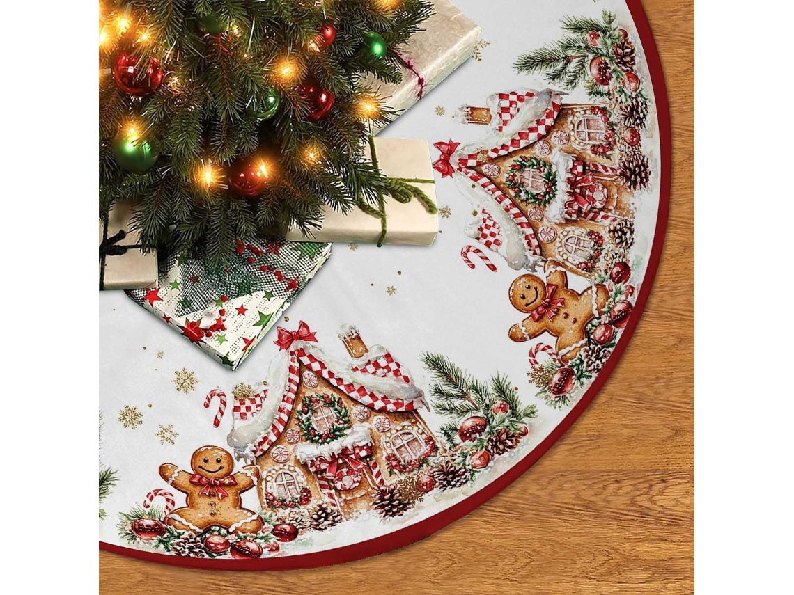 Tapete De Natal Em Formato De Árvore, 91 Cm (36 Polegadas), Com Tema De Biscoito De Gengibre, Doces E Pirulitos, Nas Cores Vermelho E Dourado.