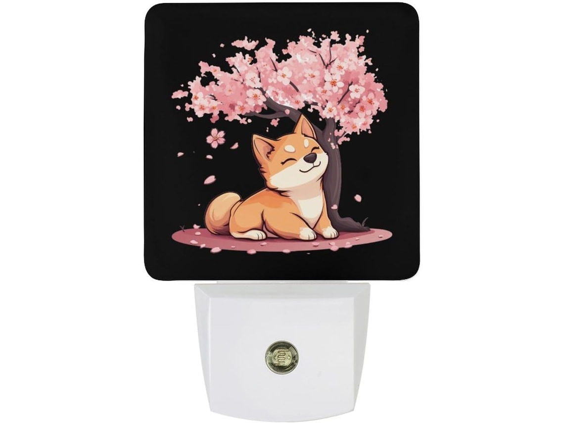 Luminária noturna LED Shiba Inu para cães, com design de flor de cerejeira japonesa e sensor de luz noturna.