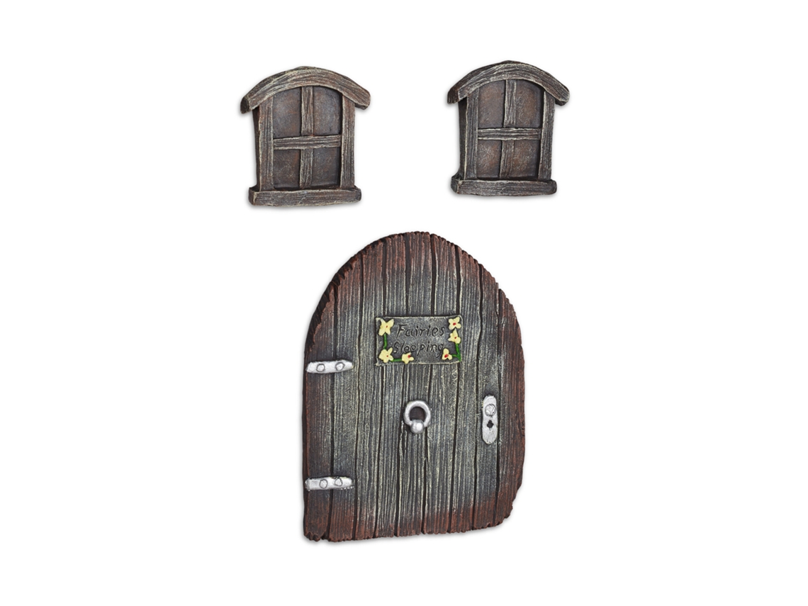 Relaxdays Porta De Fada Jardim, 3 Peças, Janela De Fada, Decoração De Tronco, Resistente, Decorativa, Marrom