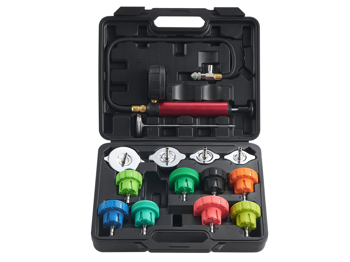 Kit de 14 Unidades Testador Pressão Refrigerante Radiador Universal com Adaptadores Bomba Manual, Tampas, Caixa Ferramentas Teste Codificada por Cores