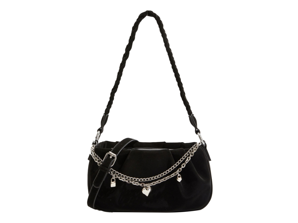 Bolsa de Ombro Feminina Pu Nuvem Plissada Pingente Coração Cor Preta Tamanho F