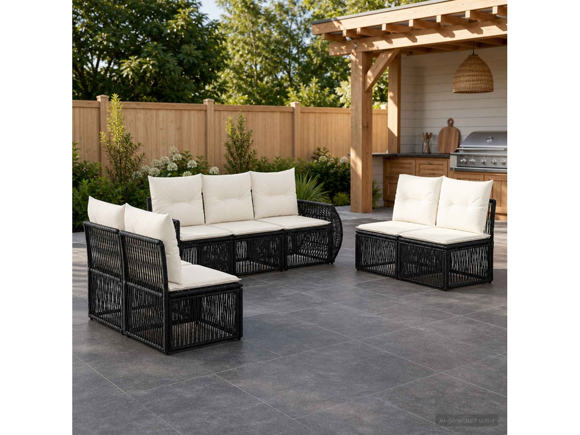 Vidaxl Conjunto De Sofá De Jardim 7 Unid. Preto E Branco Creme Vime Pe