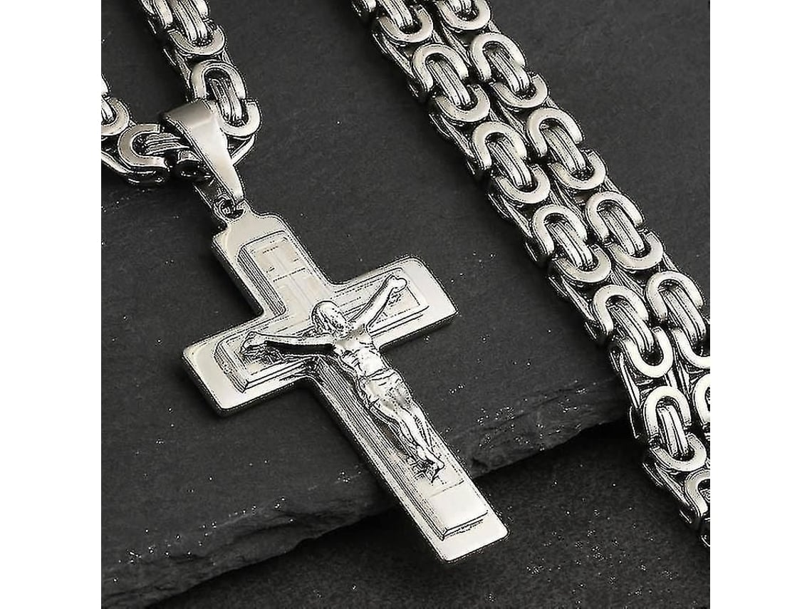 2026 collar de Cruz de Jesus de Aço Inoxidável com Cadeia Longa Bizantina para Homens Joiaria Cristã Crucifixo