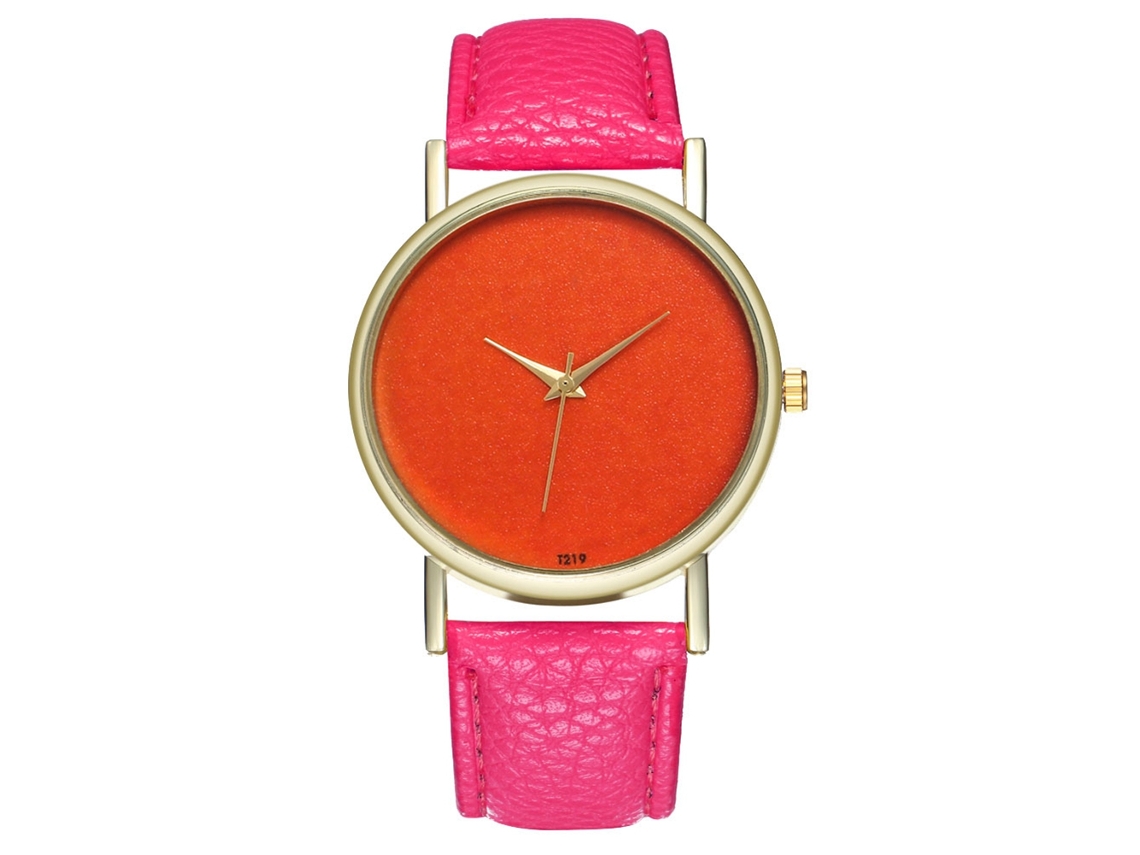 Relógio feminino casual de quartzo com mostrador laranja e pulseira de couro PU rosa e vermelha.