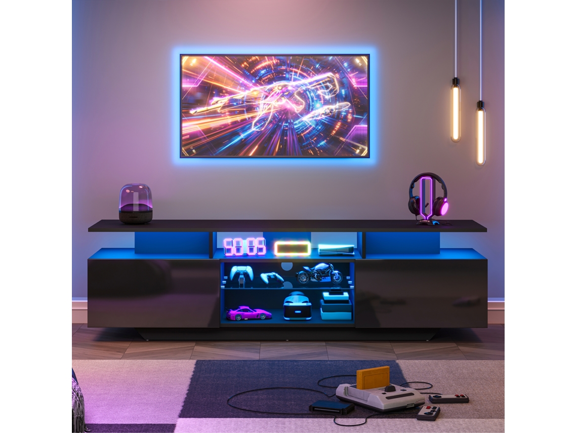 Móvel Para Tv Preto Brilhante Com Led, 160 X 40 X 45 Cm, 2 Armários E 8 Prateleiras, Até 70 Polegadas