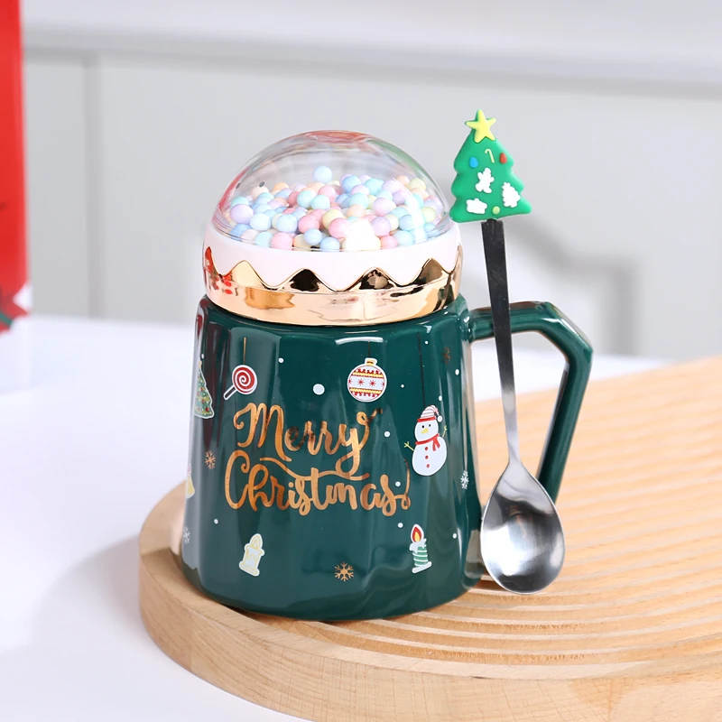Caneca De Natal (verde) Com Tampa E Colher De Cerâmica Criativa, Perfeita Para Café E Leite.