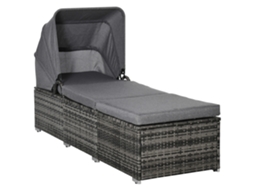 Espreguiçadeira De Polirrattan Com Toldo Ajustável, Sofá De Jardim Em Rattan Com Almofada, Cinza, 195x65x40cm Para Momentos Relaxantes Ao Ar Livre.