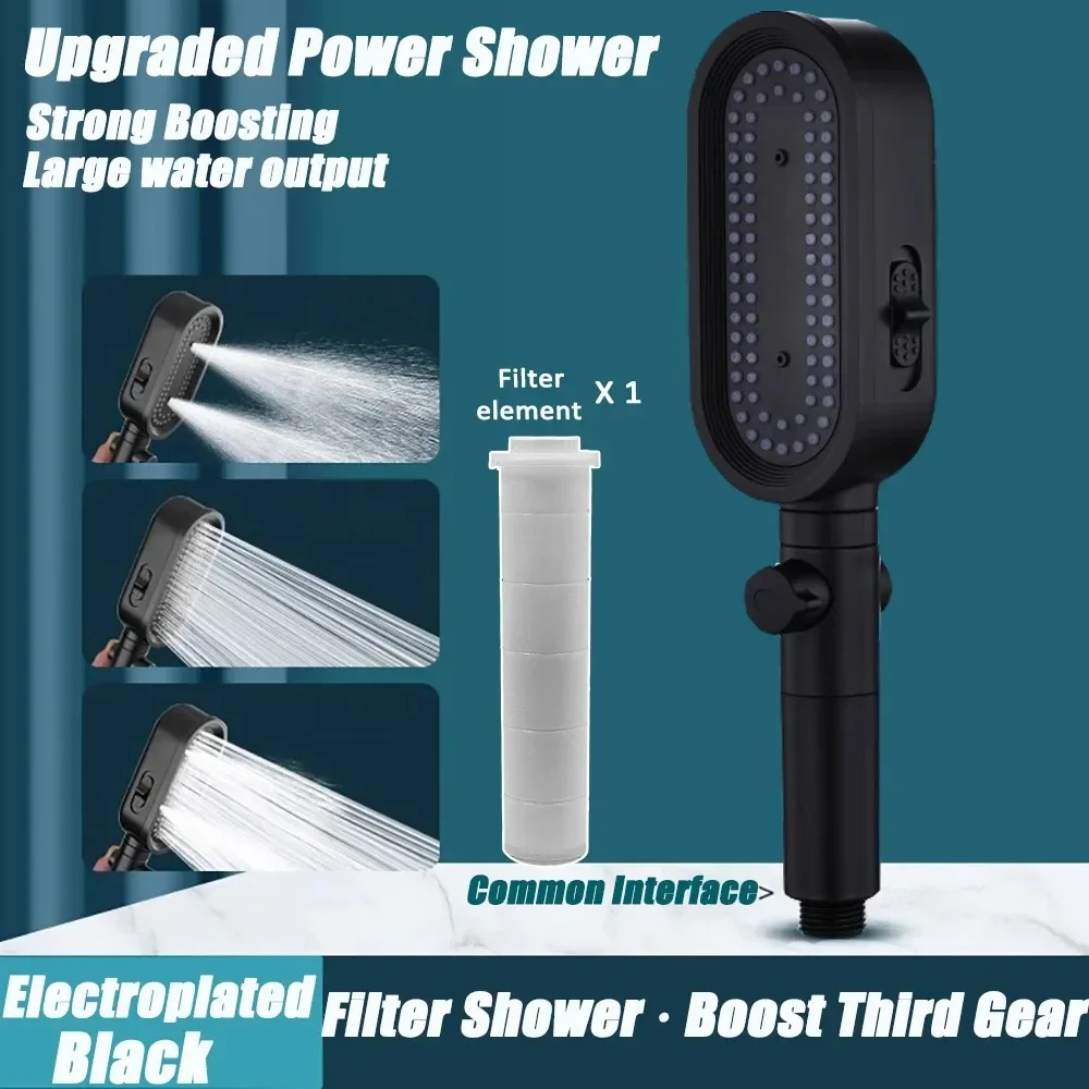 (preto) Chuveiro De Alta Pressão Com Filtro Embutido, Botão Ajustável Com Três Modos, Econômico Em Água, Acessório Para Banheiro.