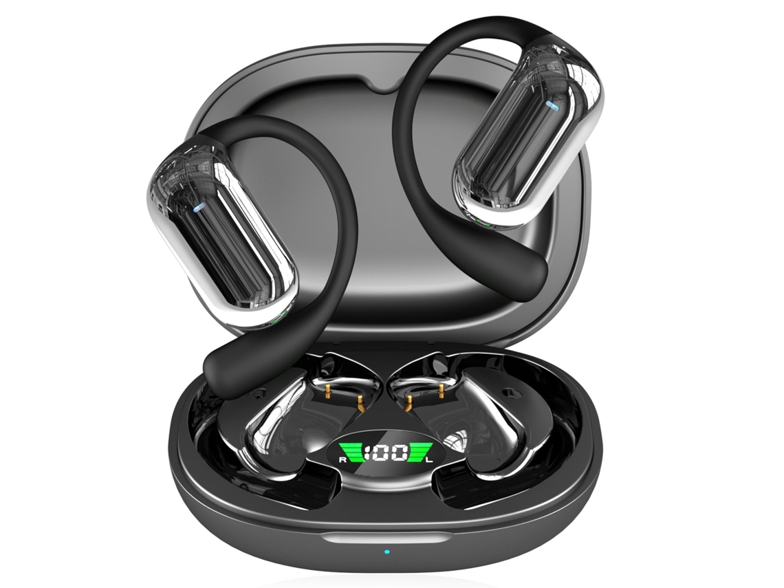 Fones De Ouvido Bluetooth 5.4 De Orelha Aberta, Design Desportivo Com Ganchos, Estojo De Carga Com Visor Led (preto)