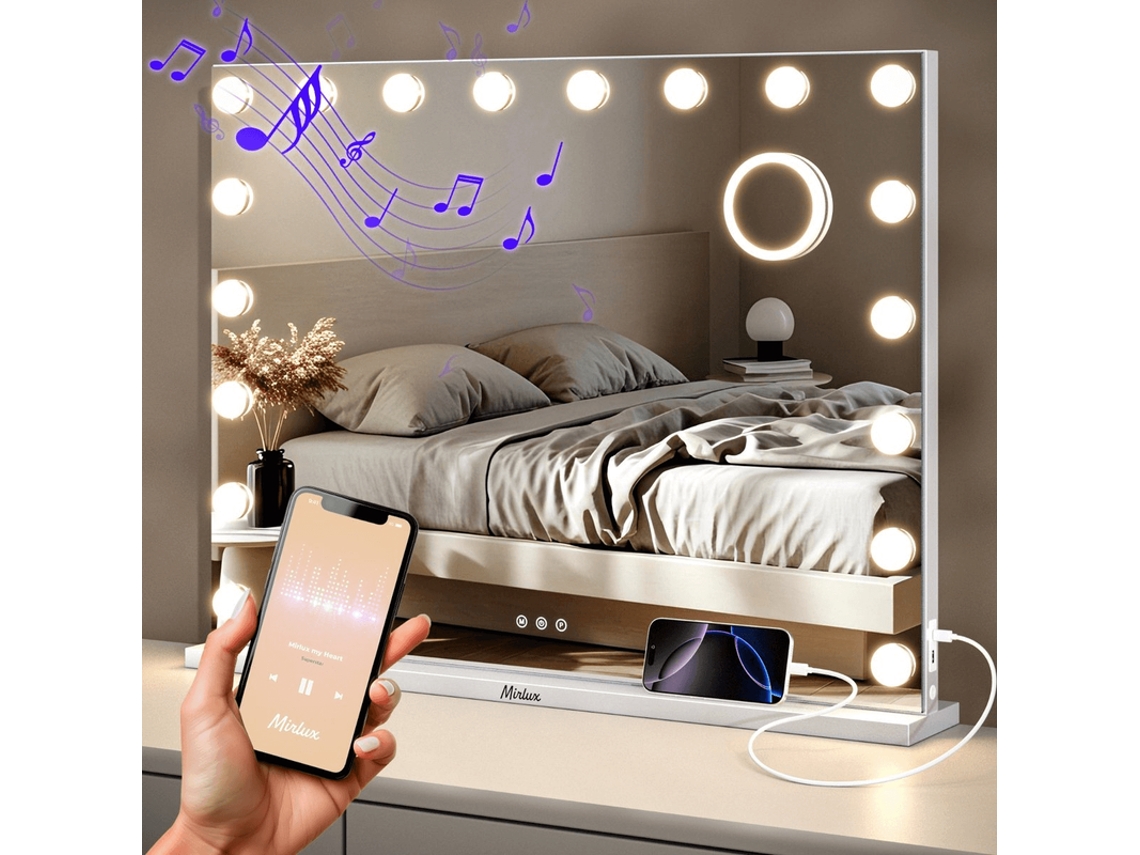 Mirlux Espelho Hollywood 80x60cm - 2 Alto-falantes Bluetooth - Portas De Carregamento Usb E Usb-c - Espelho De Maquiagem - Branco
