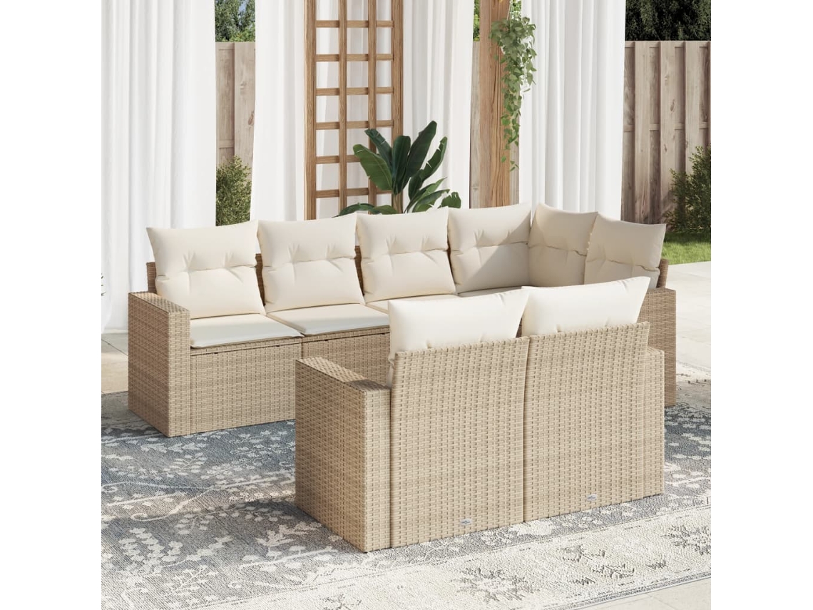 Vidaxl 7 Pcs Conjunto De Sofás P/ Jardim Com Almofadões Vime Pe Bege