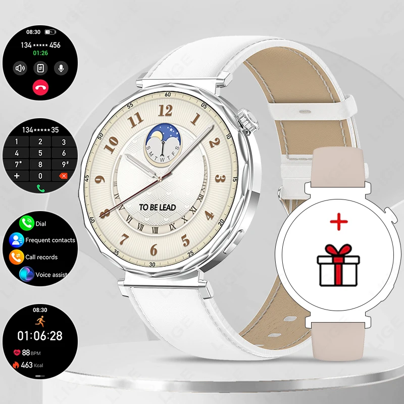 (couro Branco Prateado) Relógio Inteligente Full Round Touch Screen Bluetooth Chamada À Prova D'água Esportes Relógio De Fitness