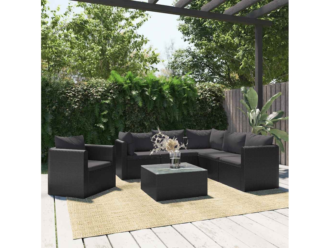 Vidaxl 7 Pcs Conjunto Lounge De Jardim C/ Almofadões Vime Pe Preto