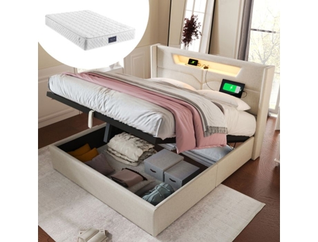 Cama Com Função De Recarga Usb Tipo C E Iluminação Led, 160x200 Cama Juvenil Com Estrado De Ripas (com Colchão)