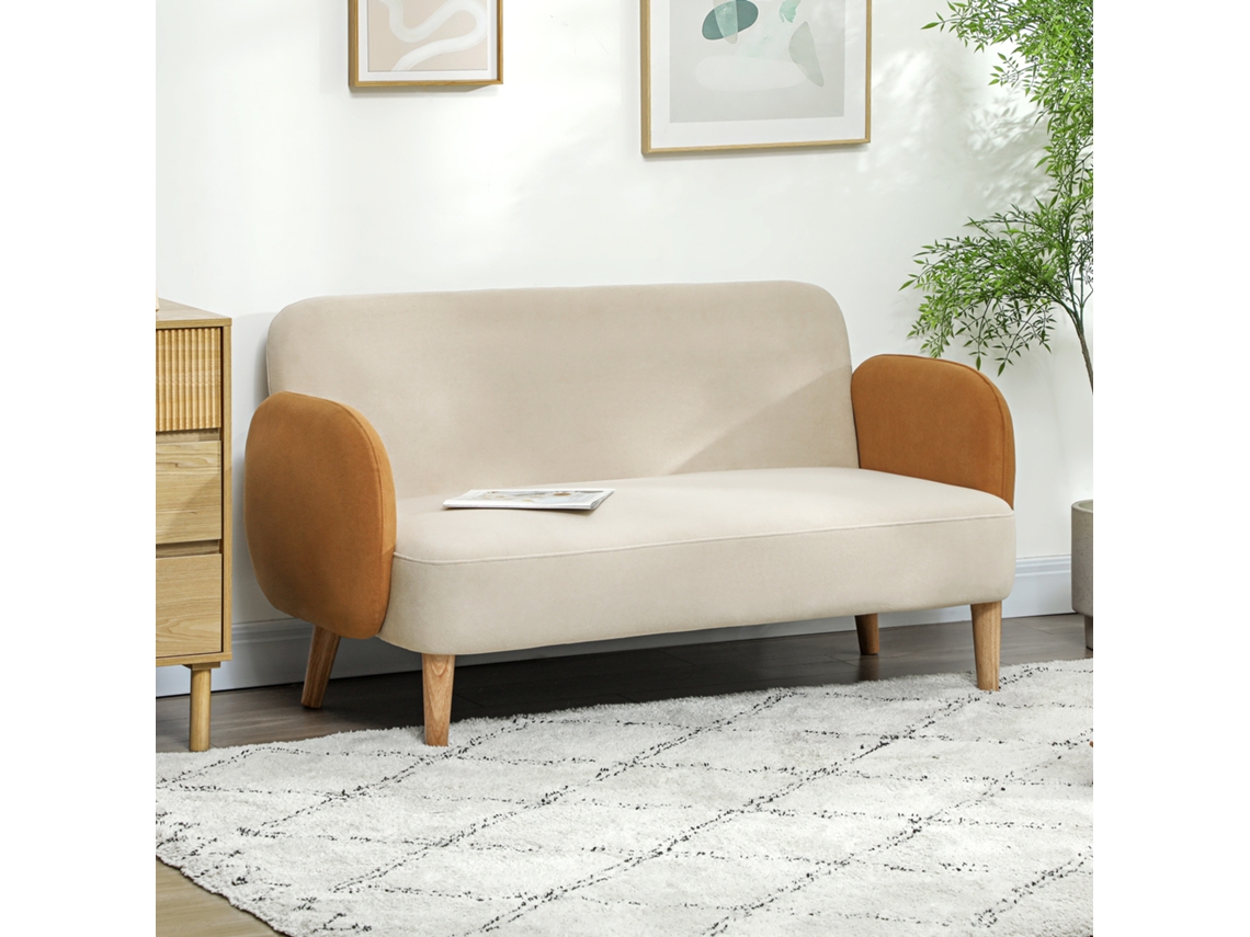 Sofá Homcom de Dois Lugares em Veludo Bege/ocre, Estrutura de Madeira, Suporta até 240kg, 130x74x76cm | S/MARCA