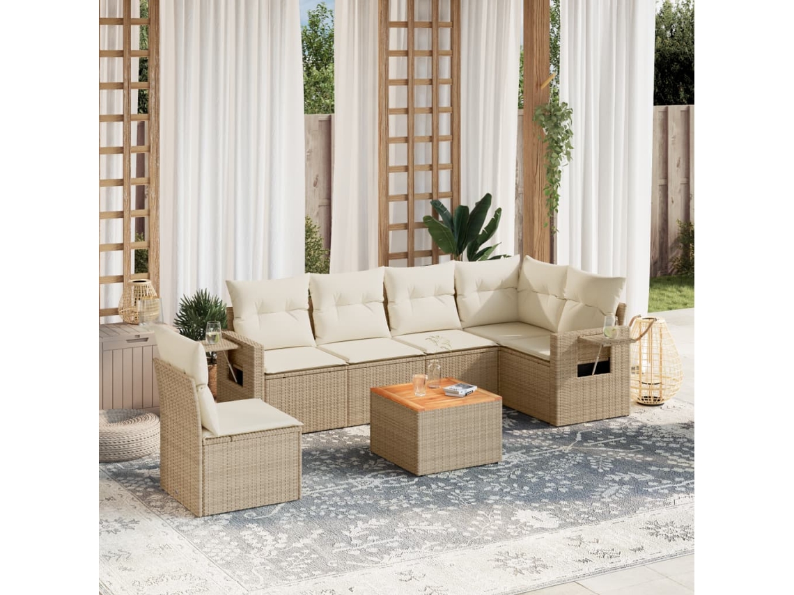 7 Pcs Conjunto De Sofás P/ Jardim Com Almofadões Vime Pe Bege Dkd Home Decor