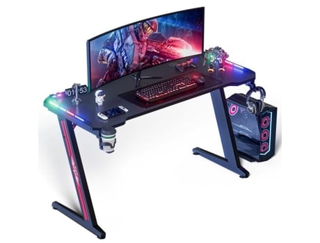 Bureau Gaming Led, 140 X 60cm Grande Mesa Gamer Com Um Tampão Em Fibra De Carbono, Preto Wevalley