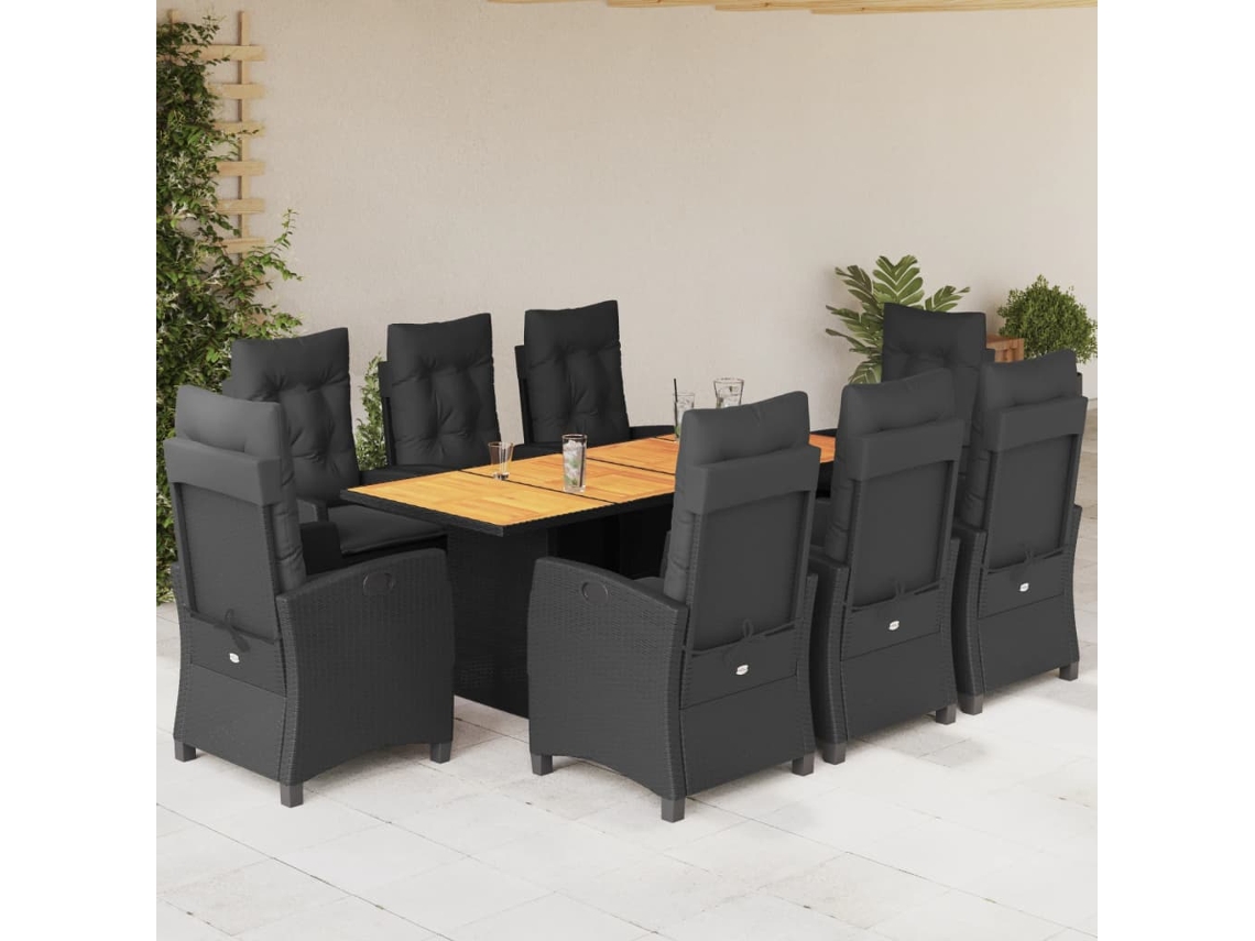 Vidaxl 9 Pcs Conjunto De Jantar P/ Jardim C/ Almofadões Vime Pe Preto