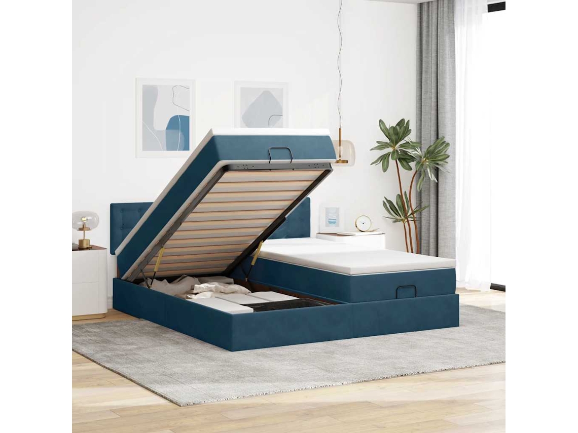 Vidaxl Estrutura De Cama Otomana Com Colchão Azul Escuro Veludo