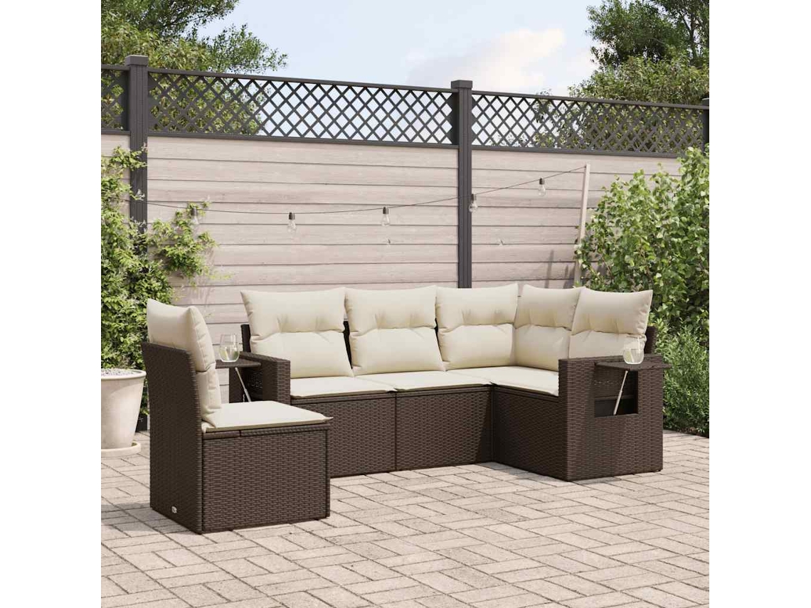 Jogo 5 Peças Sofás P/ Jardim C/ Almofadões Vime Pe Marrom Dkd Home Decor