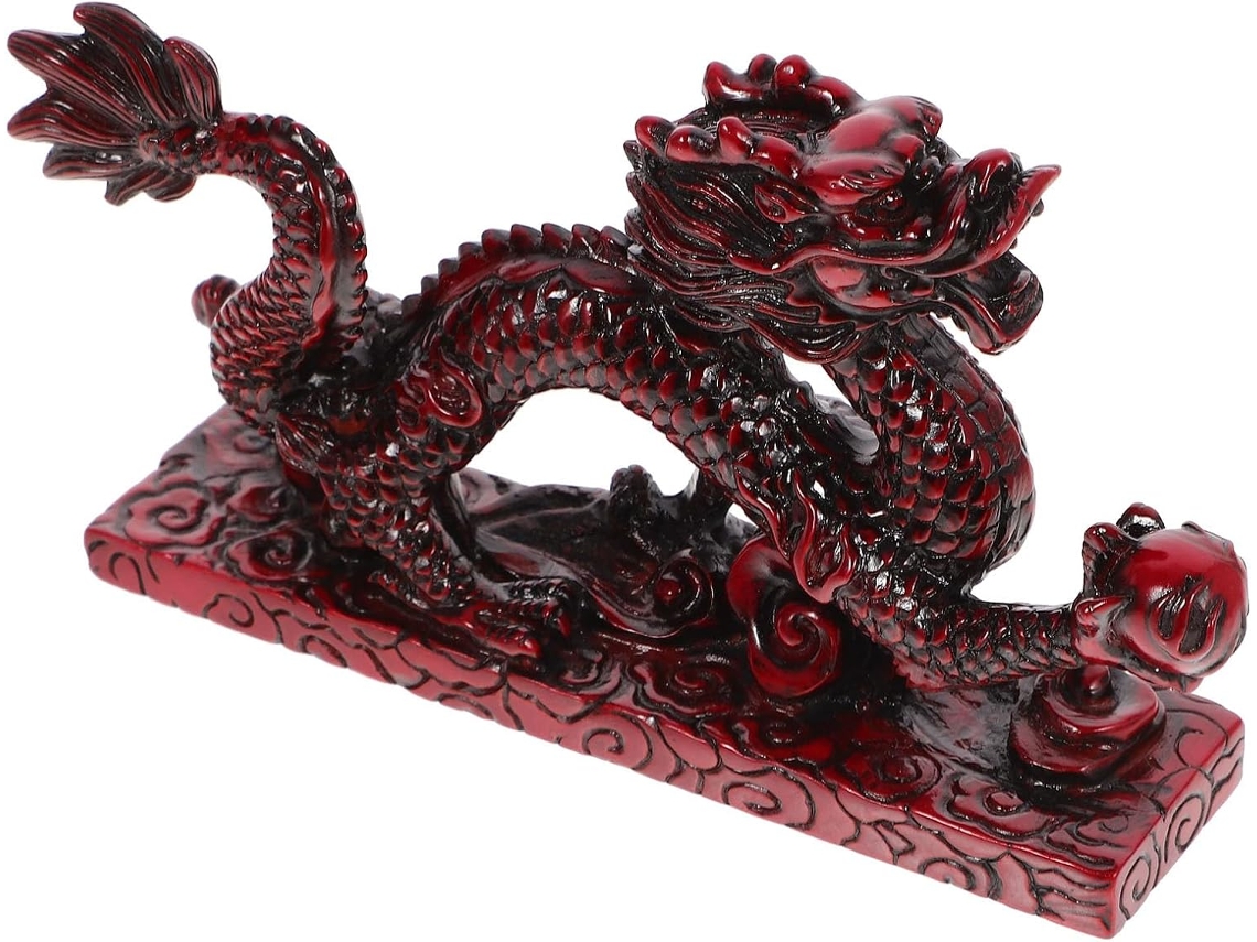 Elegante Estátua Artística Dragão Resina Vermelha Decorativa Compacta Estatueta Chinesa Artesanal Escritório GOKOCO