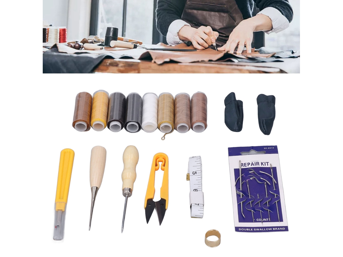 Ferramentas De Couro Kit De Costura Fio Cera Agulhas Punção Tesouras Medida Para Diy Arte De Couro E Manufaturas