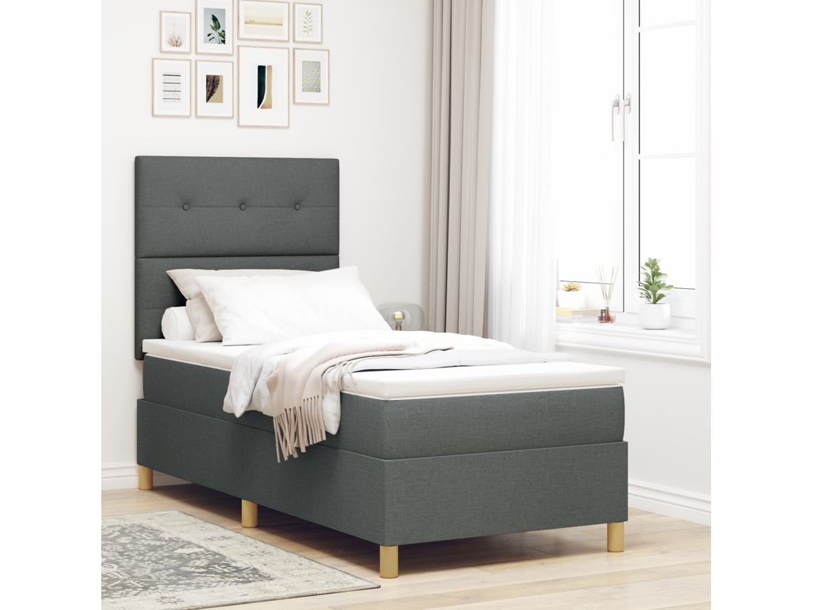 Cama Box Spring Com Colchão Cinza Escuro Individual De Tecido