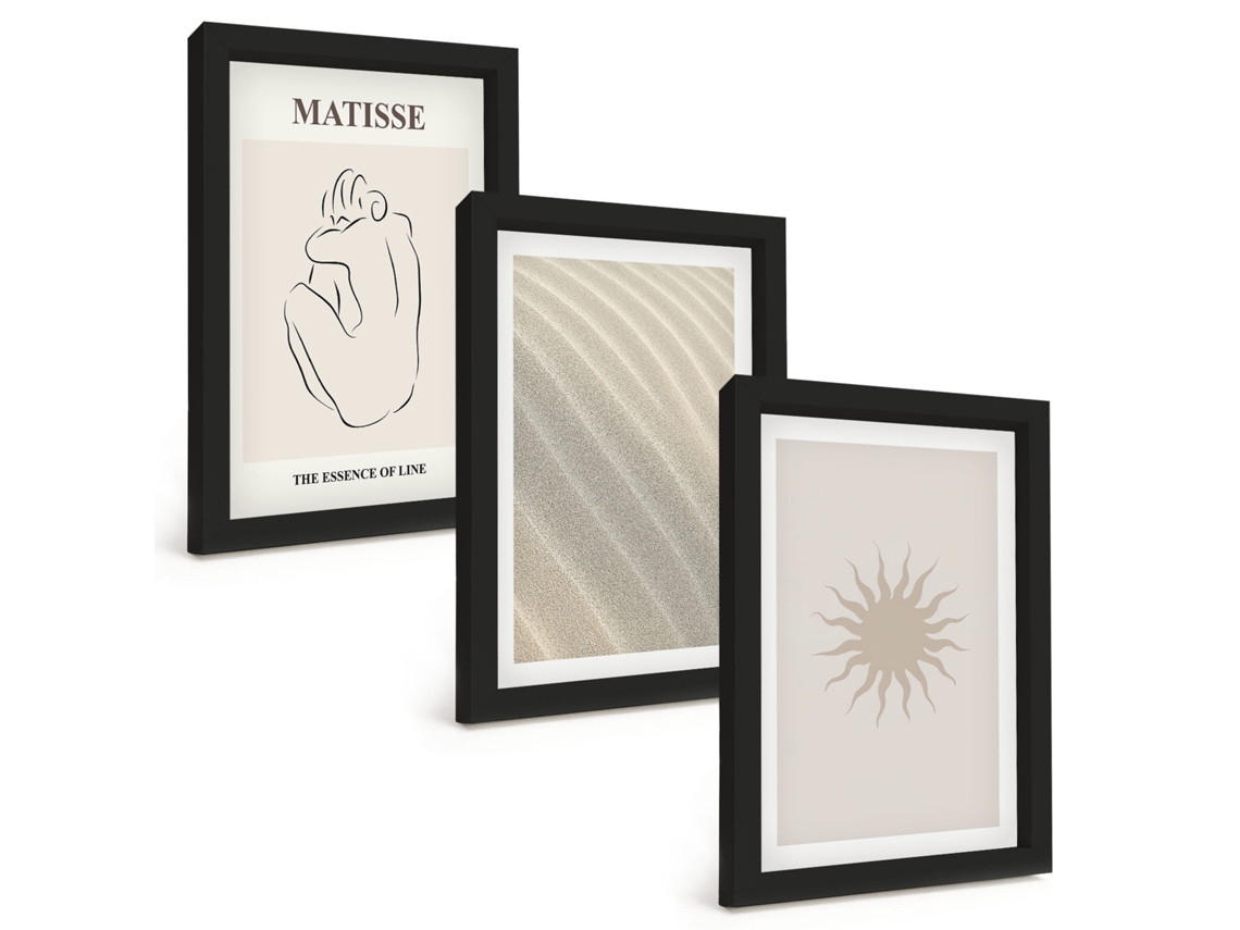 Composição De Quadros Na Paredelinhas Minimalistas De Areia E Sol Moldura Preta Quadros Para A Sala De Estar Espelharte (3 Peças 20x30 Cm)