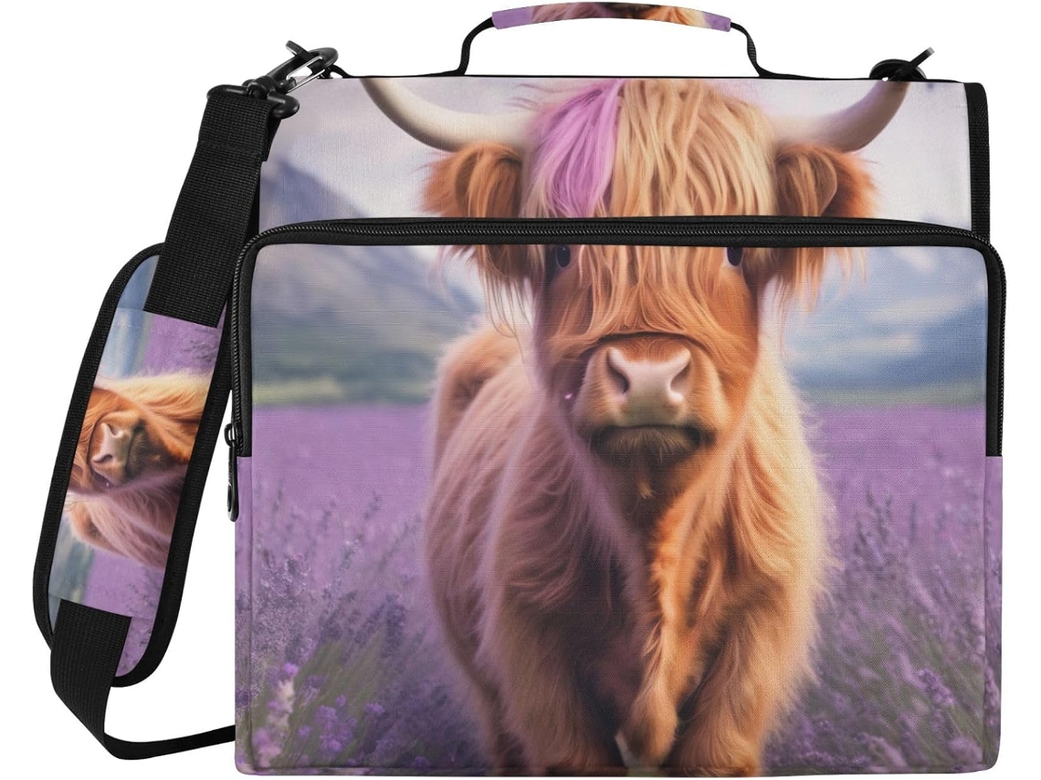 Pasta organizadora com estampa de vaca da High Terras, com compartimento para documentos de 3 argolas e espaço para laptop.