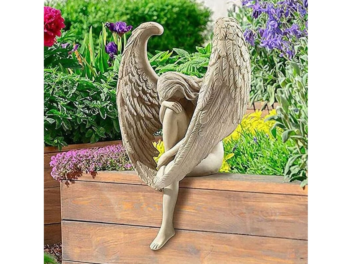 KOFIHETY Anjo De Jardim Escultura Decoração Anjo Com Asas Estátua 3d Para Jardim Figura Sentada Ornamentos De Fada