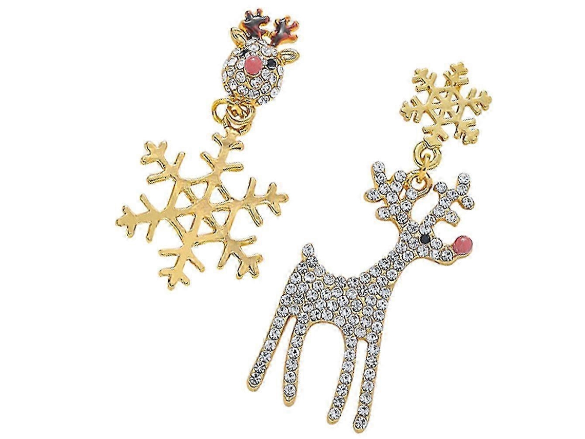 Brincos De Natal, Design Alce E Floco De Neve, Com Strass, Conjunto De 2 Pares