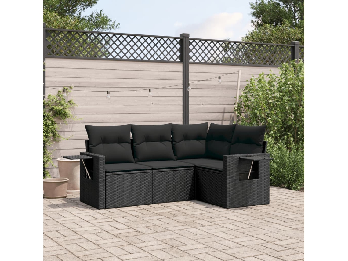 Jogo de Sofá 4 Peças Jardim C/ Almofadões Vime Pe Preto Dkd Home Decor