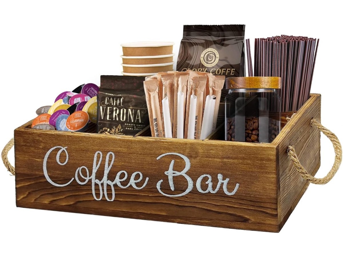 Organizador De Estação Café Com Divisórias Pequenas Removíveis Suporte Armazenamento Bancada Para Acessórios Bar Em Madeira