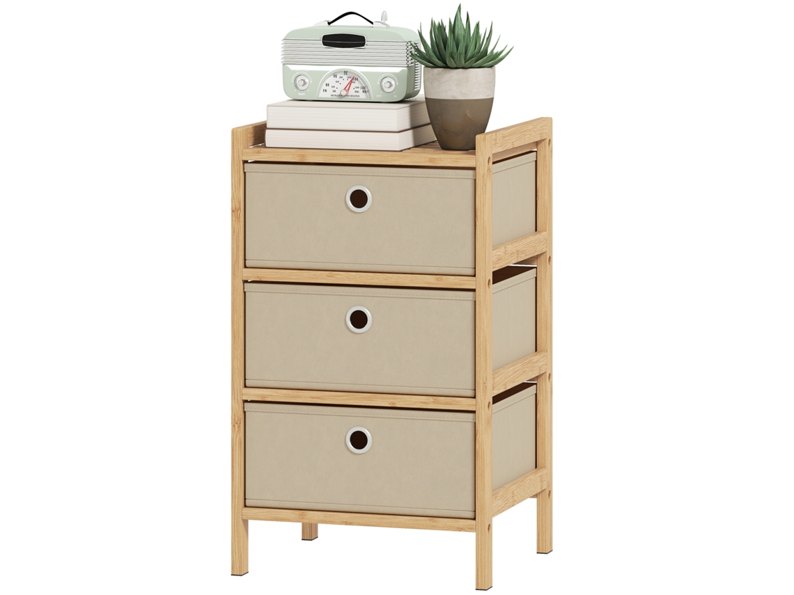 Cómoda de Bambu com 3 Gavetas de Tecido, Compacta para Espaços Pequenos, Creme e Madeira ORBITRA COMMERCE