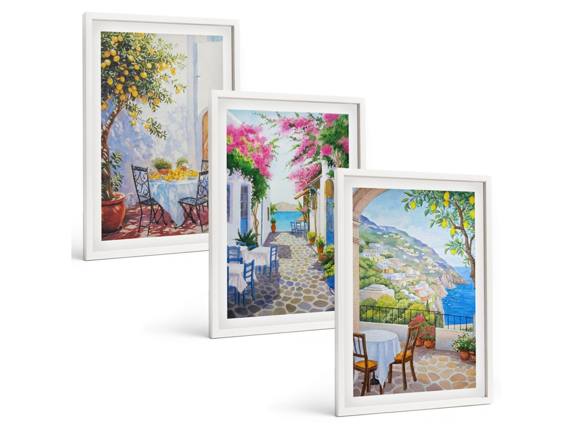 Composição De Quadros Na Parede Ruas Charmosas Com Plantas E Mar Moldura Branca Quadros Para A Sala De Estar Espelharte (3 Piezas De 40x60 Cm)