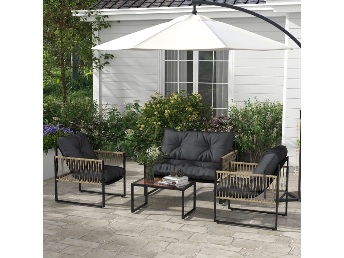 Conjunto De Jardim Rattan 4 Peças: Sofá, 2 Cadeiras E Mesa De Centro Nas Cores Cinza E Marrom