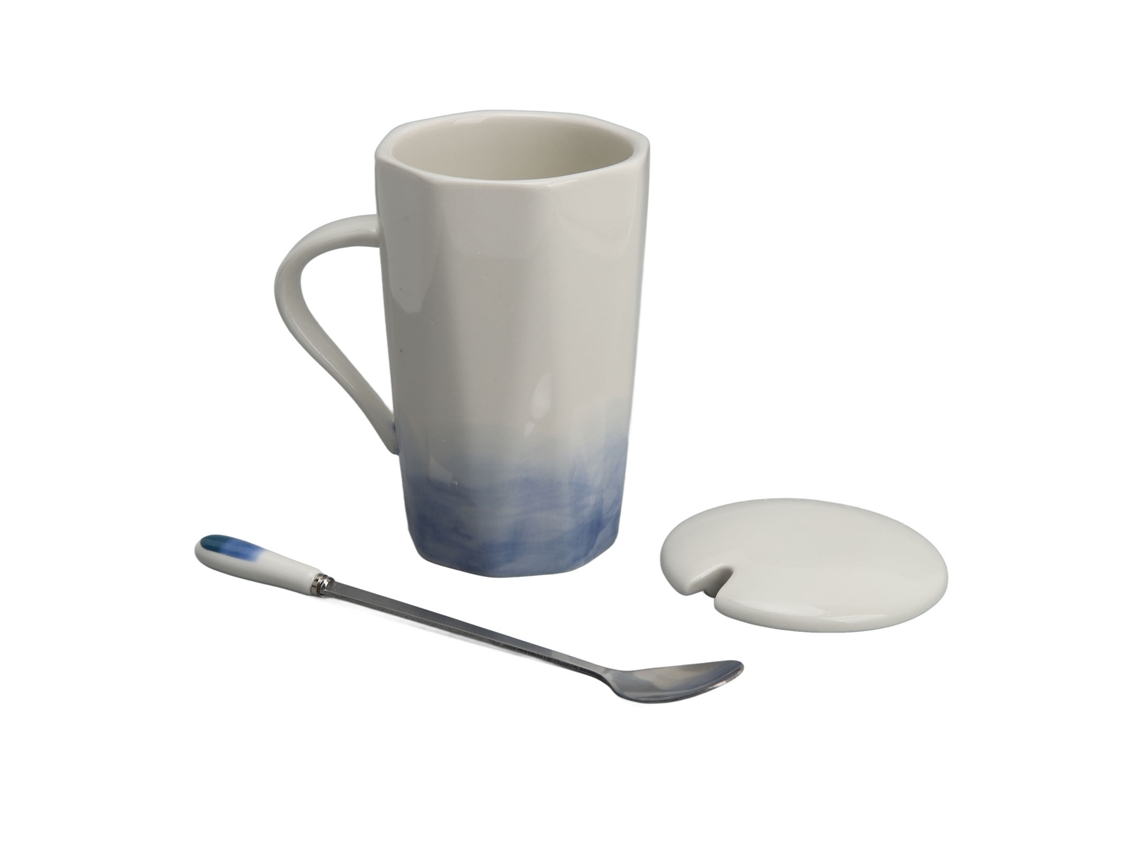 Mali caneca de Cerâmica Estilo Pintura À Tinta 400ml com Colher e Tampa para Café Casa Escritório Azul
