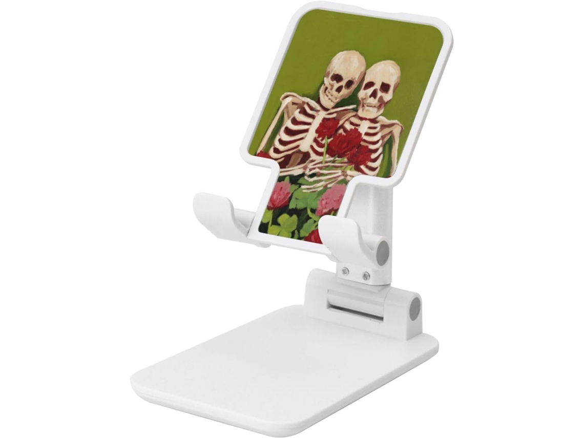Suporte Dobrável Para Celular Com Dois Esqueletos Abraçando Flores E Trevos Altura Ângulo Ajustáveis Compatível Todos Os
