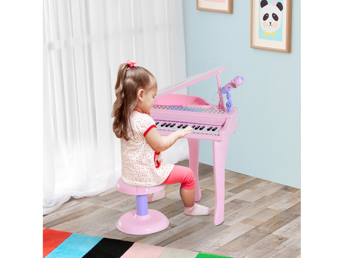 Mini Piano Infantil de 37 Teclas Rosa, Teclado Musical com Mp3 e Usb, Inclui Banqueta e Instrumento Musical