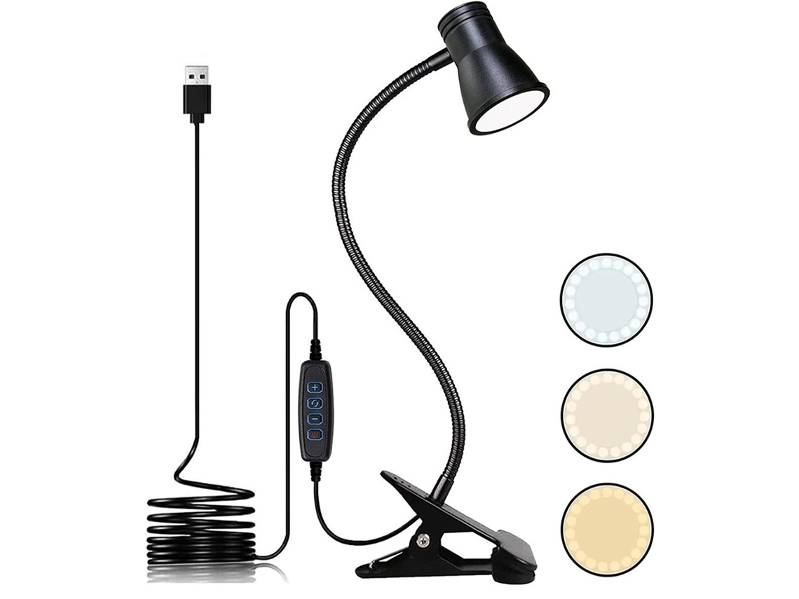 Candeeiro De Secretária Com Clipe Flexível De 360° Para Utilização Ao Lado Da Cama, Com Adaptador Usb.
