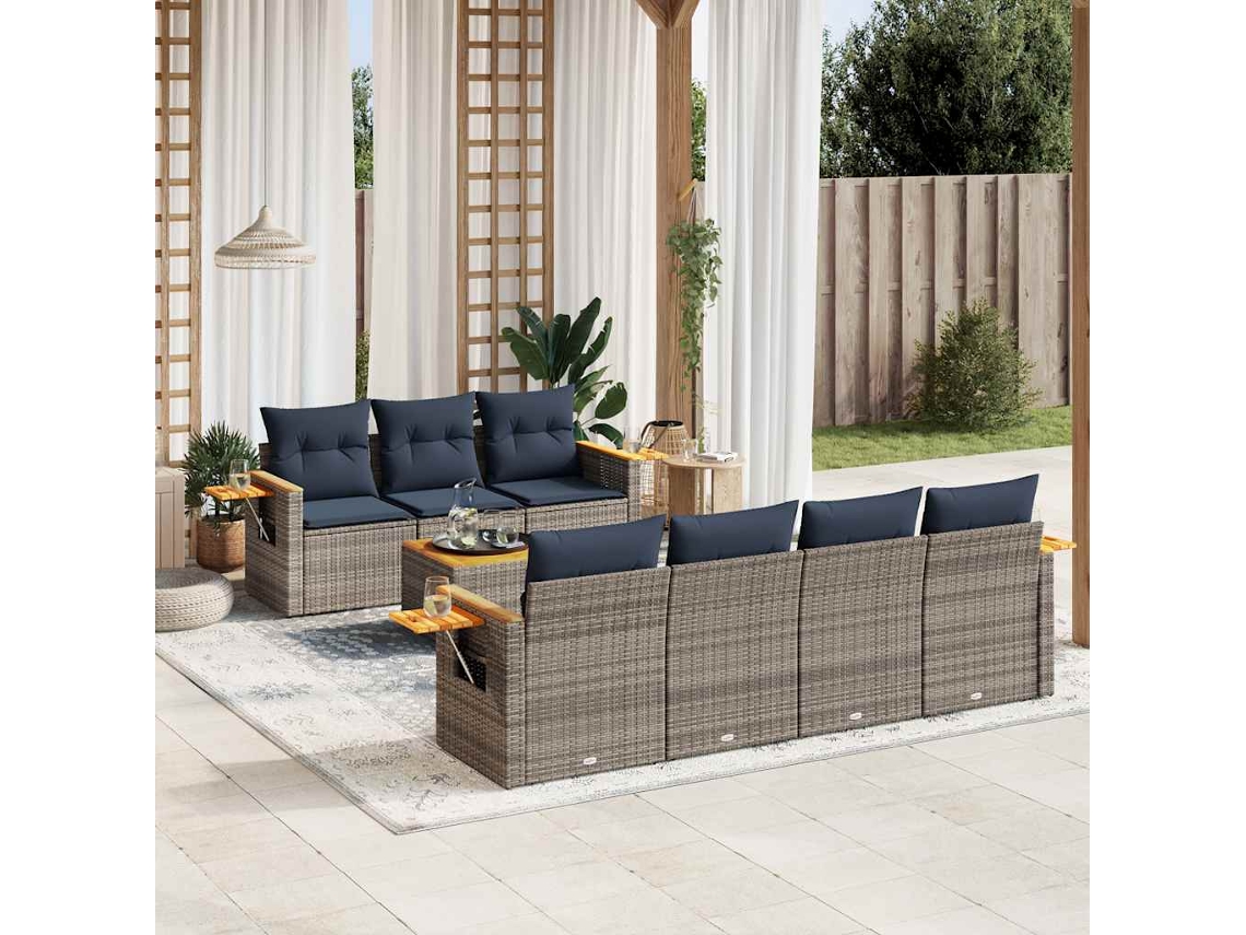 Vidaxl 8 Pcs Conjunto Sofás P/ Jardim C/ Almofadões Vime Pe Cinzento