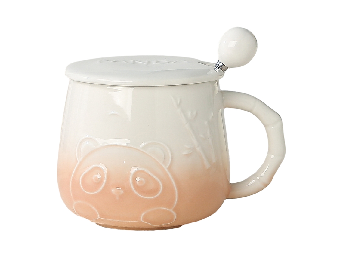Caneca de Água de 400Ml Caneca de Cerâmica com Panda em Relevo com Tampa e Colher Caneca de Leite de Alto Valor para Casa NEVEANCE