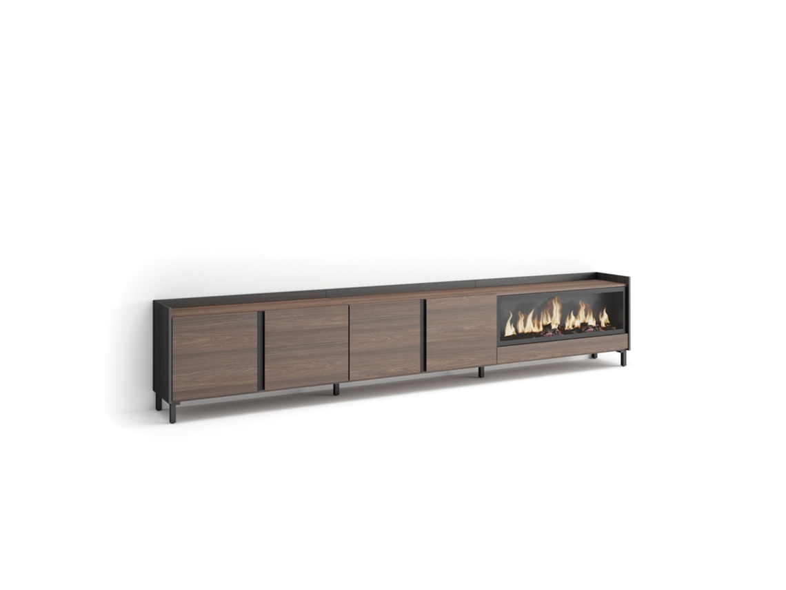 Móvel De Tv, 315x35x61cm, Para Televisores Até 80", Lareira Eléctrica Xxl, Design Industrial, Carvalho Escuro E Preto