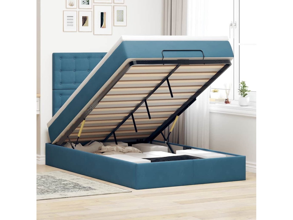 Estrutura Cama Otomana Colchões 120x200cm Veludo Azul Escuro