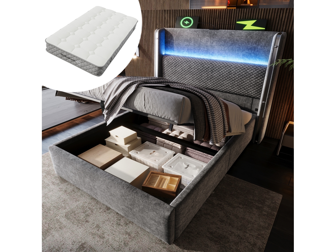 Cama Hidráulica 90x200 Cm Led Usb C Cabeceira Alta Arrumação Cinza