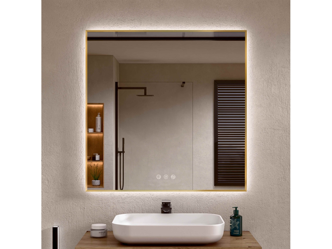 Espelho De Banheiro Com Luz Led Perimetral, Luz Ajustável Em 3 Cores E Intensidades, Antiembaçante, Alumínio Dourado 70 X 80 Cm Bellobath
