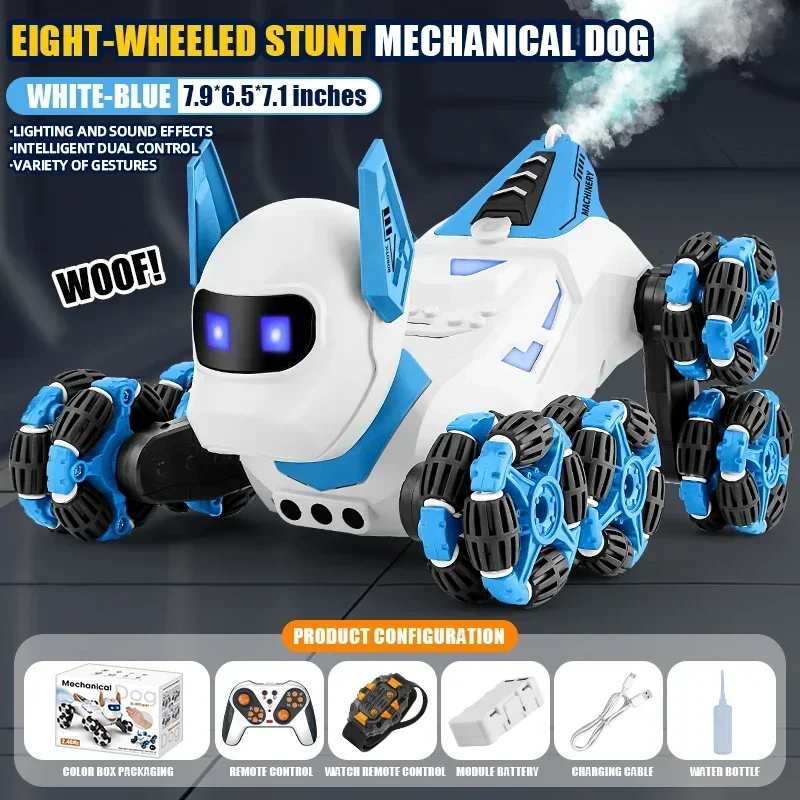 Cão Acrobata Controlado Remotamente, Robô Mecânico de Oito Rodas Controlado Remotamente Sem Fio 2.4g, com Luzes e Música. MDUG (azul)